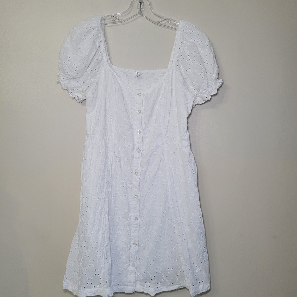 BP Puff Sleeve Eyelet Button Down Dress Elastic‎ Back Woman's Medium